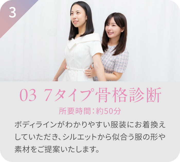 ステップ3 骨格診断 所要時間：約30分 ボディラインがわかりやすい服装で、似合う服の形や素材を提案している様子