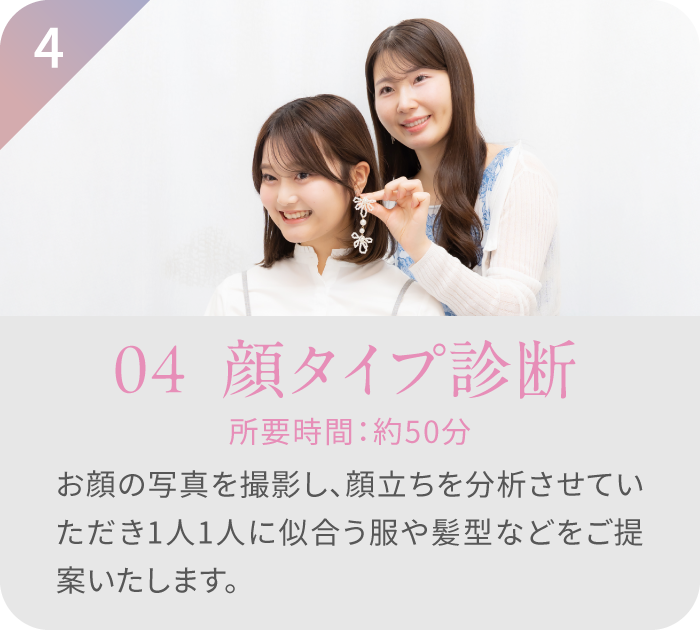 ステップ4 顔タイプ診断 所要時間：約30分 顔写真を撮影し、顔立ちを分析して似合う服や髪型を提案している様子