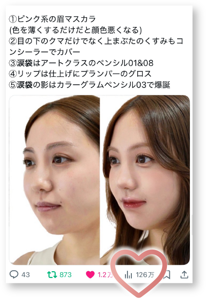 ①ピンク系の眉マスカラ（色を薄くするだけだと顔色悪くなる）｜②目の下のクマだけでなく上まぶたのくすみもコンシーラーでカバー｜③涙袋はアートクラスのペンシル01＆08｜④リップは仕上げにプランパーのグロス｜⑤涙袋の影はカラーグラムペンシル03で爆誕