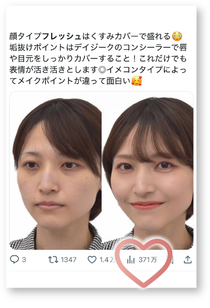 顔タイプフレッシュはくすみカバーで漏れる 垢抜けポイントはデイジークのコンシーラーで唇や目元をしっかりとカバーすること！これだけでも表情が活き活きとします◎インコンタイプによってメイクポイントが違って面白い